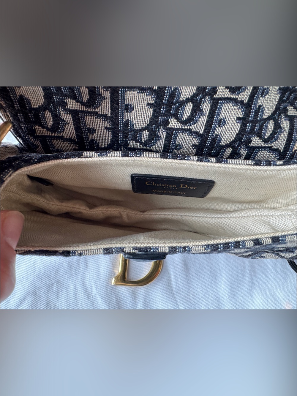 Dior Oblique Navy and Beige Saddle Shoulder Bag with Gold Hardware - Picture 8 of 13
